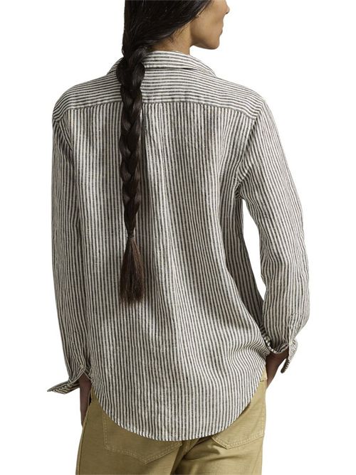 camicia donna in lino over a righe marrone e bianco Ralph Lauren | 211A96158007